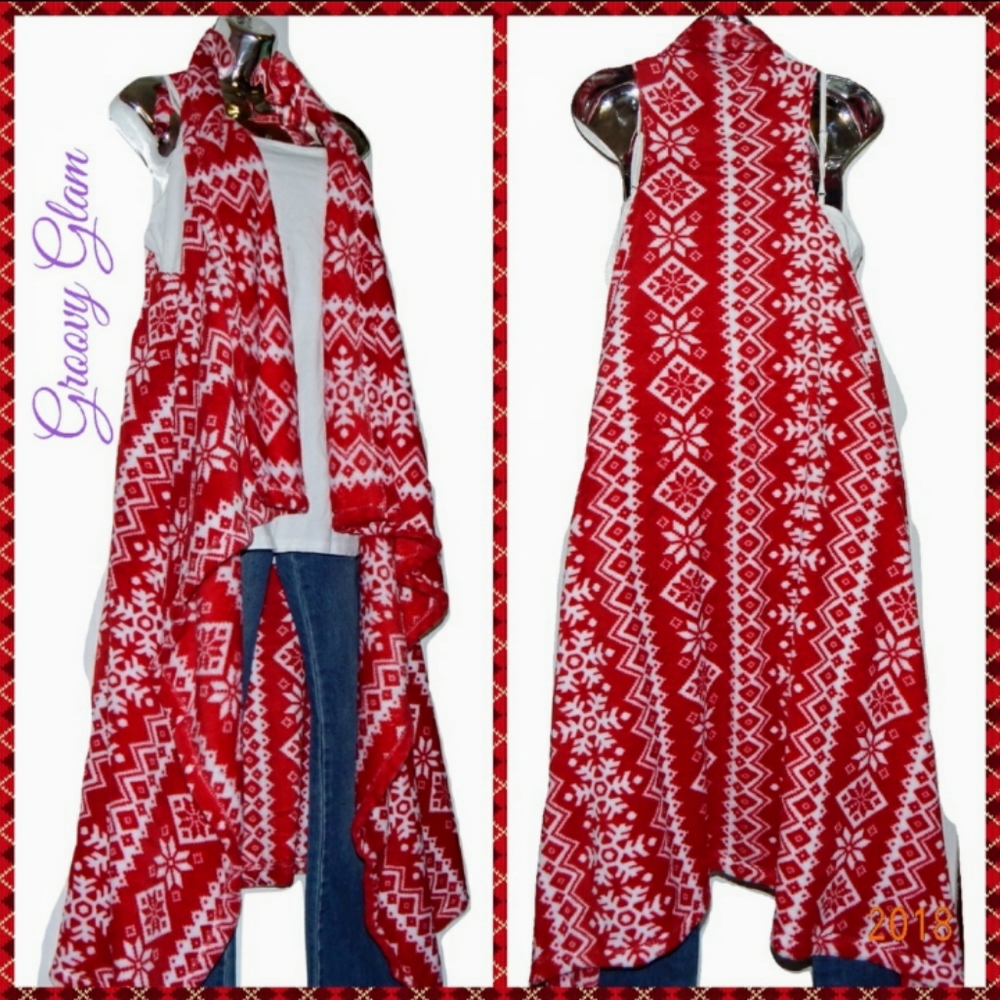 GROOVY GLAM Red Nordic Handmade Long Waterfall Vest